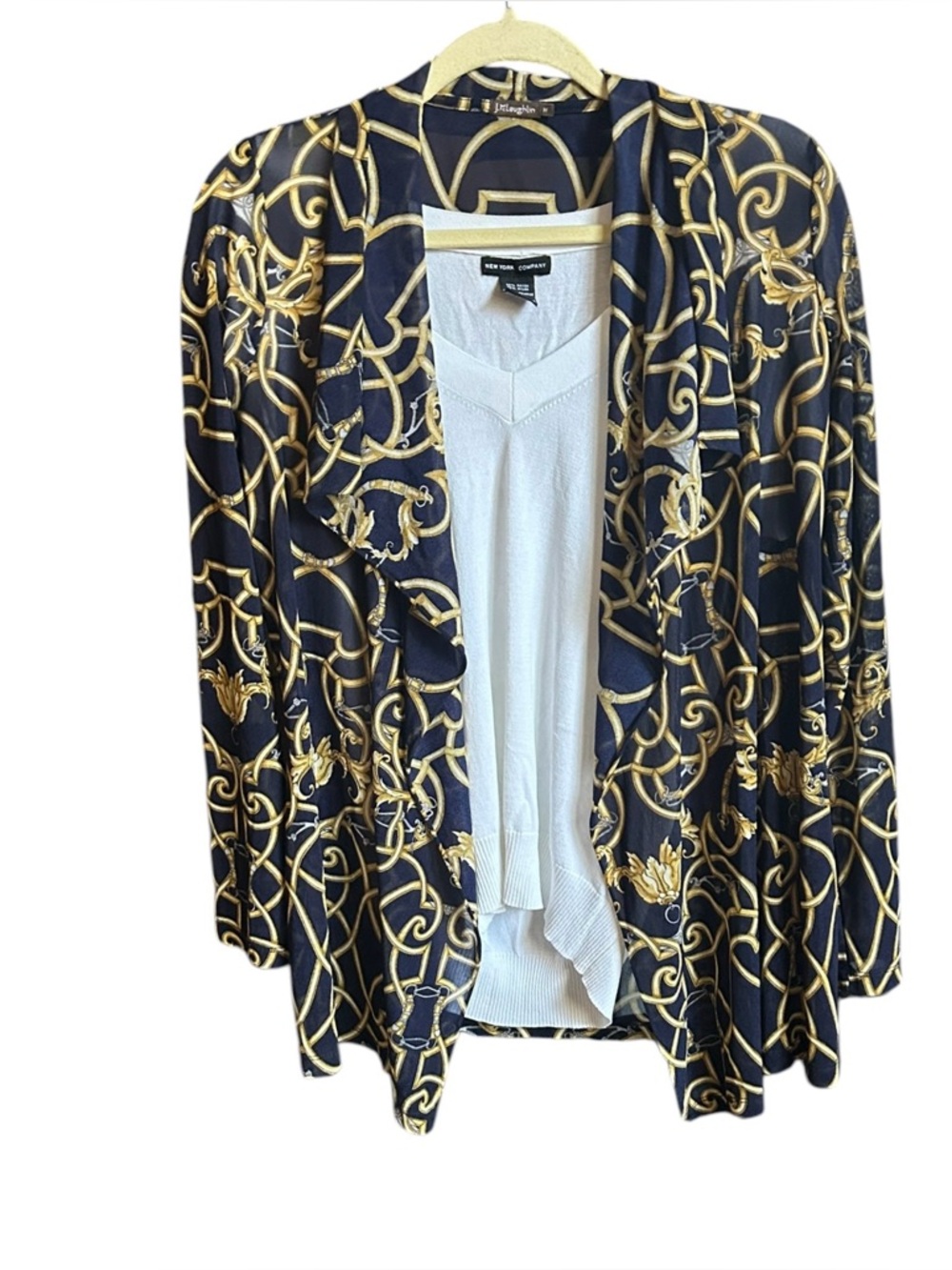 Vintage J. McLaughlin Navy Blue Yellow Equestrian Baroque' Print Pattern top M